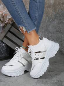 New Spring & Autumn Breathable Height Increasing White Sneakers, Thick Platform Sports Casual Comfortable Chunky Sneakers