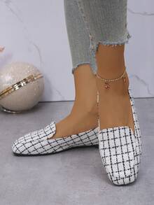 Women's Square Toe Low Heel Black & White Plaid Ballet Flats, Slip-On Comfortable Loafers, Casual, Spring/Summer Daily Wear, Office Commute, Random Black & White Pattern