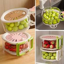 1pc Kitchen Drain Basket, Vegetable And Fruit Storage Container With Cover, Sealed Food Preservation Box, One-Button Sealing, Reusable, With Handle And Filter, Suitable For Salad, Fruit, Washing Rice, Kitchen Refrigerator, Ideal Household Kitchen Supplies