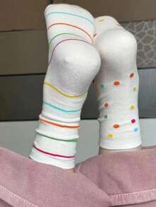 3 双彩色圆点多巴胺设计中筒袜，甜美可爱女孩新奇袜子，秋季 - 彩色 - 查看 3