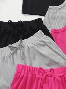 3pcs Tween Girls Summer Set, Solid Color Casual Crew Neck Sleeveless Top With Bowknot, Matching Shorts