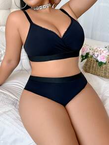 Plus Size Women's Solid Color Casual & Comfort Minimalist Wireless Bra Set, Lift - Black - View 3
