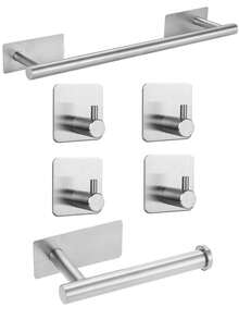 6pcs/Set Non-Drilling Bathroom Accessories, Stainless Steel Bathroom Hardware Set, Towel Bar, Towel Rack, Toilet Paper Holder, Wall Hooks, Coat Hook, Bathrobe Hook, Towel Hook Coat Hooks - Multicolor - View 12