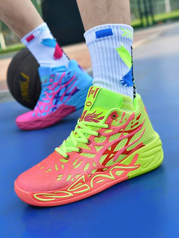 Outdoor-Basketballschuhe für Jungen, modische, farbblockierende, rutschfeste, langlebige, stoßdämpfende Sport-Sneaker für Herren, atmungsaktive Streetwear-Mid-Top-Freizeitstiefel für Studenten, Training und Laufen