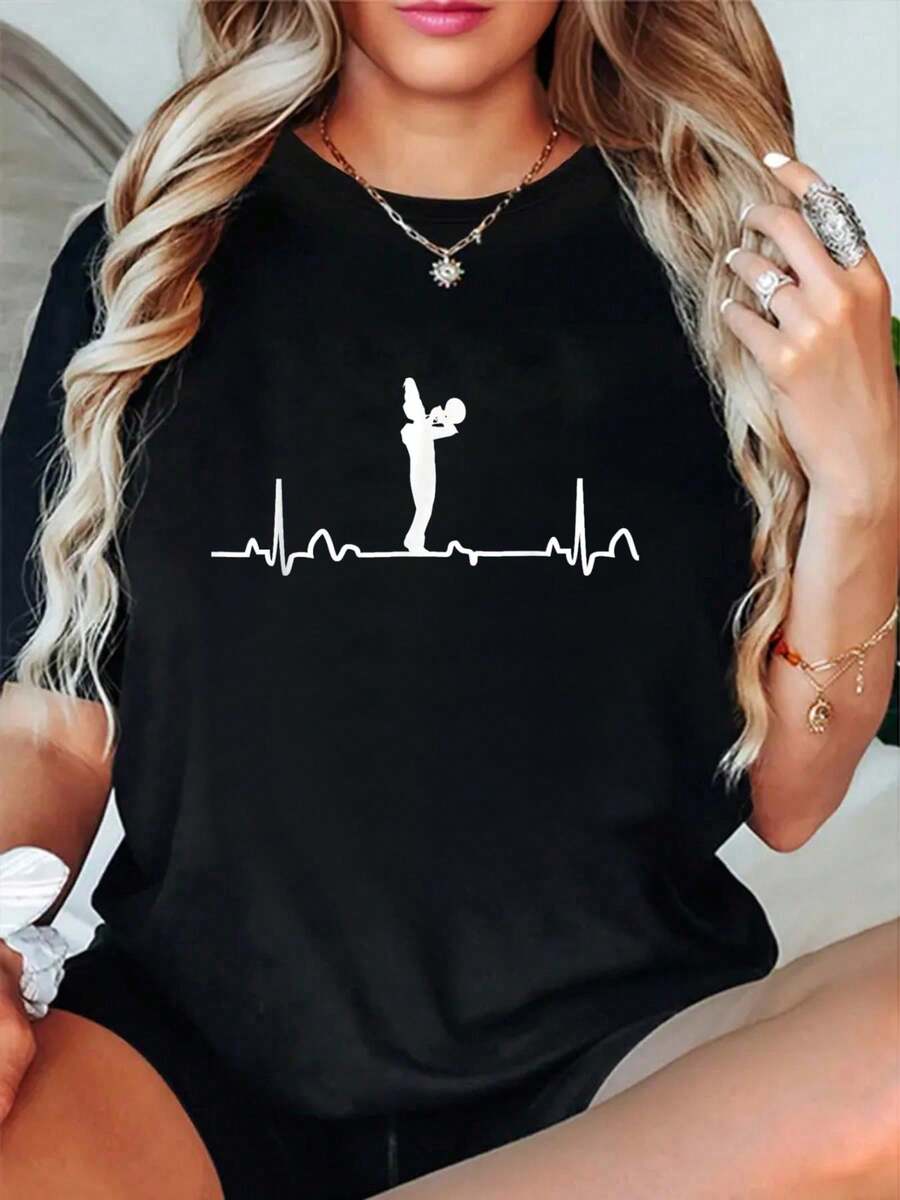 Mellophone Heartbeat Shirt Marching Band Apparel Tee-Shirt Summer Outfits Women Shirts Women Graphic Tees Women - Black - View 1