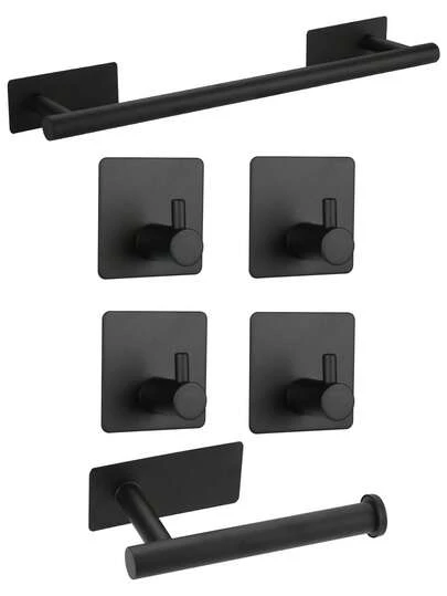 6pcs/Set Non-Drilling Bathroom Accessories, Stainless Steel Bathroom Hardware Set, Towel Bar, Towel Rack, Toilet Paper Holder, Wall Hooks, Coat Hook, Bathrobe Hook, Towel Hook Coat Hooks