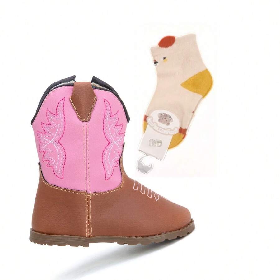 Baby Texan Booties Cheap Soft Comfortable Children's Shoes + 01 Pair Of Cotton Socks Ubuntu Baby Promotion - 淺粉色 - 查看 1
