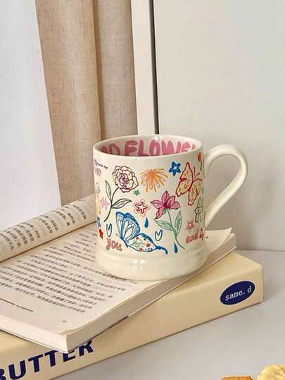 Cabin Kangaroo 1pc Cute Graffiti Butterfly Cream-Color Ceramic Mug, Coffee Cup, Holiday Gift, Office, Home Drinking Cup, Company Gift, For Boyfriend/Girlfriend Back To School