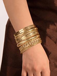 10pcs/Set European & American Vintage Minimalist Bangle Bracelets, Stacking Bangles Assorted Cuff Bracelets Set, Fashion Layered Bracelet Suit For Daily Wear - Gold - View 2
