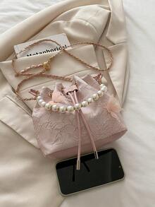 1 pieza Bolso de cubo con cordón de tela estampada, con correa de cadena, bolso de hombro con decoración de perlas bordadas, diseño lindo de mariposa, bolso de fiesta de noche para dama, bolso de moda adecuado para fiestas, vestidos de noche y uso diario de las mujeres - Rosa - Ver 9