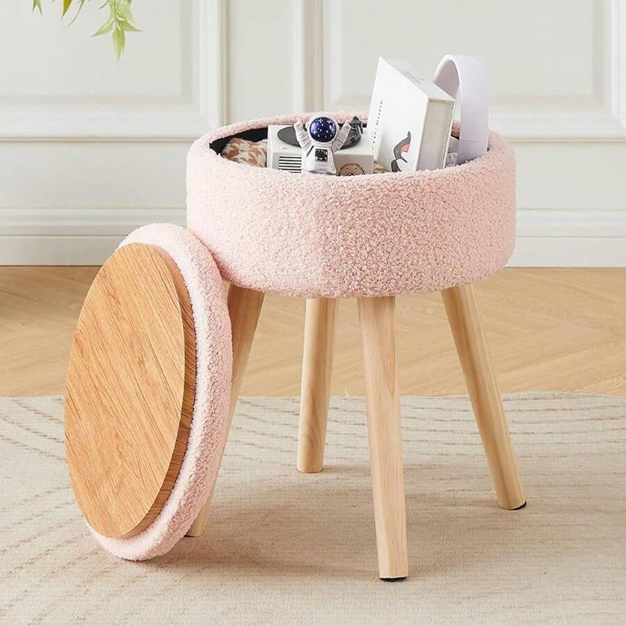 Storage Ottoman Foot Stool Teddy Velvet Round Vanity Stool Tray Top Footstool With Wood Upholstered Foot Rest Ottoman Living Room, Bathroom, Makeup (White) - 粉色 - 查看 1