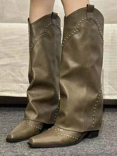 Stivali alti fino al ginocchio da donna in kaki e vintageccon borchie, stile cavalleresco versatile, adatti per taglie piccole, tacco squadrato e spesso