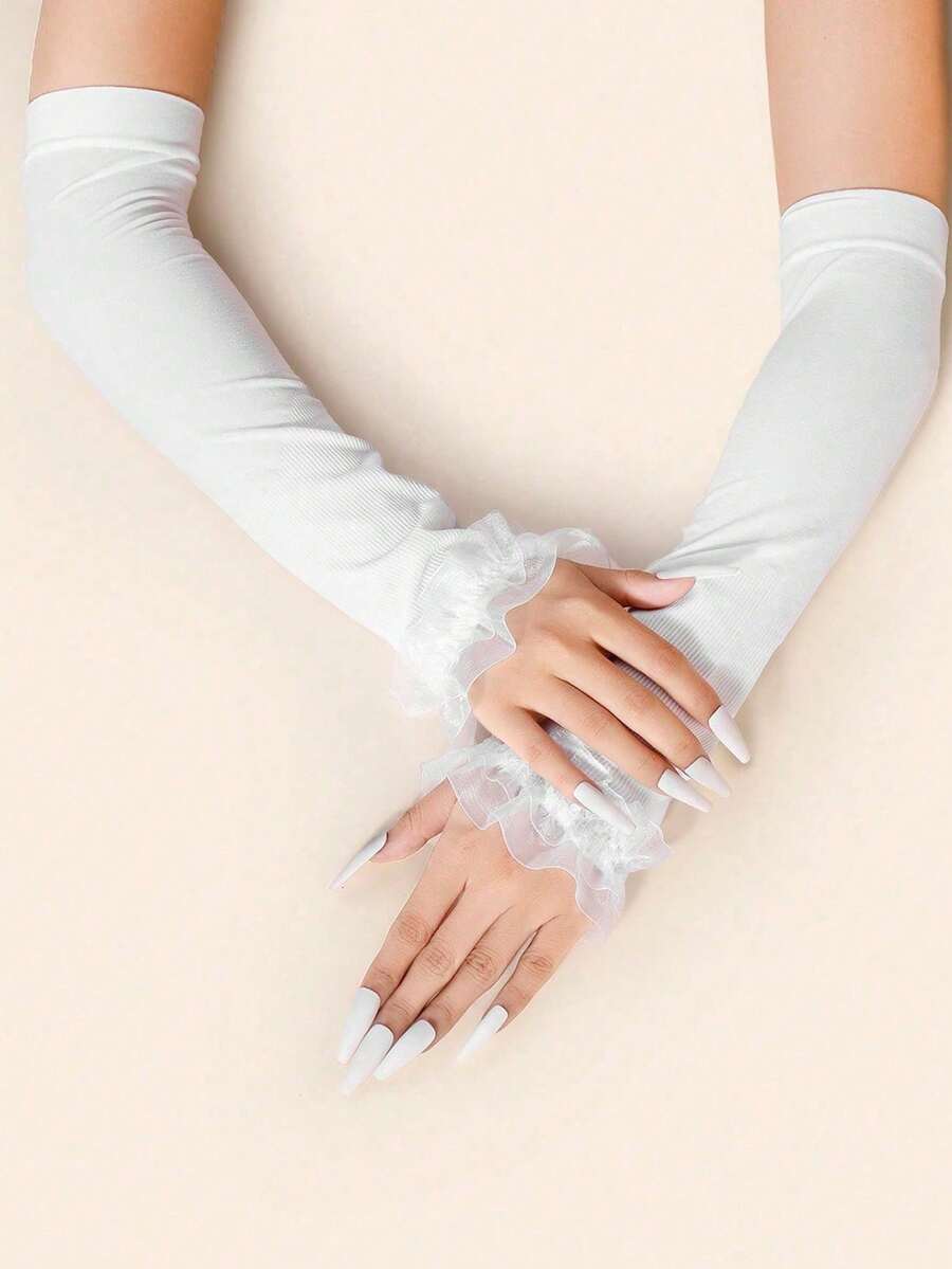 1 件女士夏季蕾丝雪纺冰丝袖套，户外礼仪臂套，透气时尚