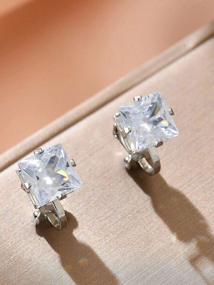 2/6pcs Minimalist Personalized Geometric Rhinestone Hollow Alloy Clip Earrings, No Pierce For Non-Pierced Ears - Multicolor - View 7