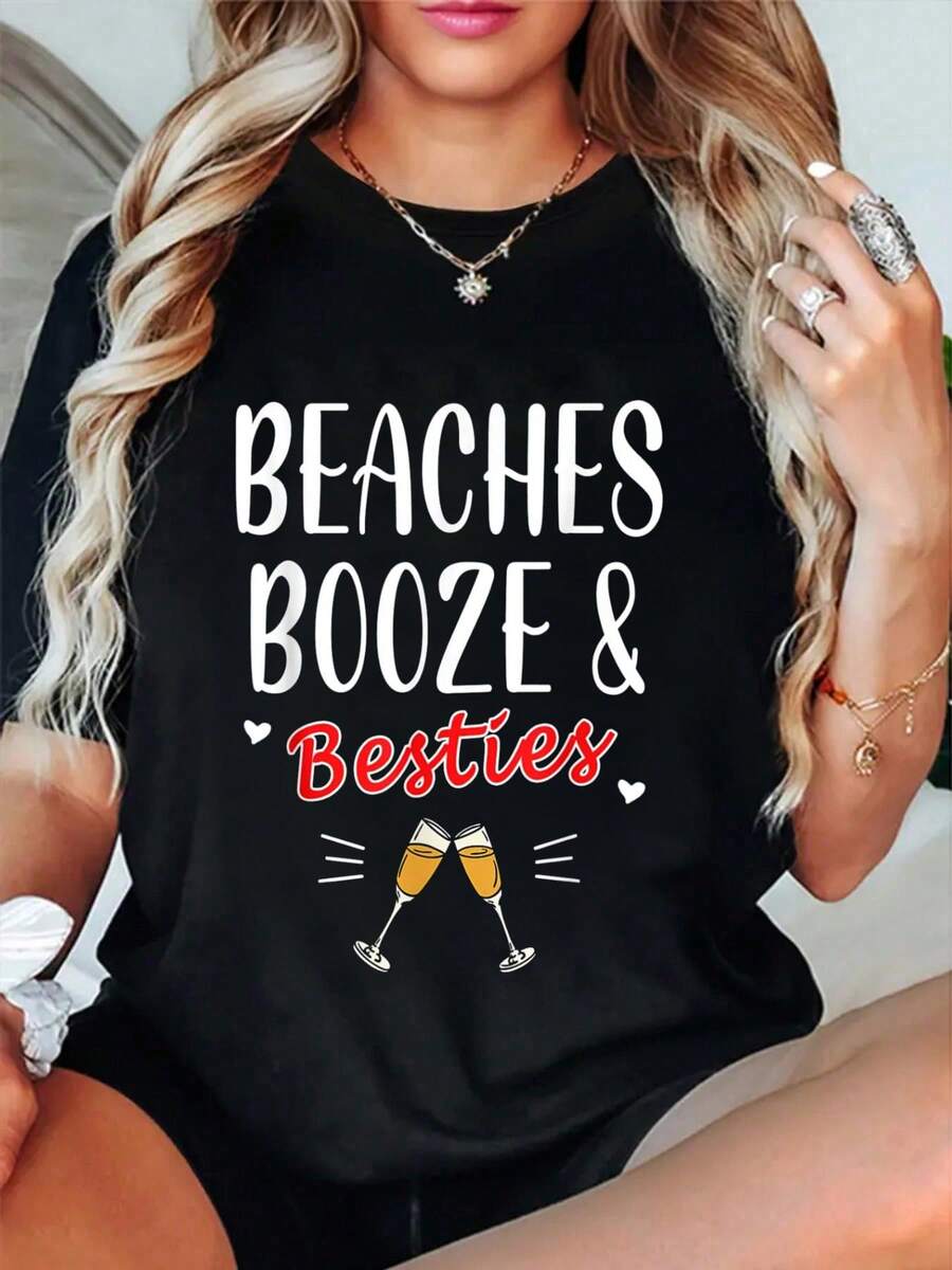 Playas, alcohol y mejores amigas - Camiseta de vacaciones de despedida de soltera en la playa, Camisetas de verano para mujer, Camisetas gráficas para mujer - Negro - Ver 1