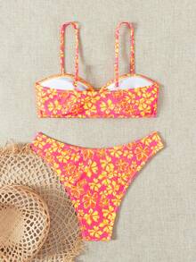 New Printed Lace Up Bikini Split Swimsuit For Beach Vacation