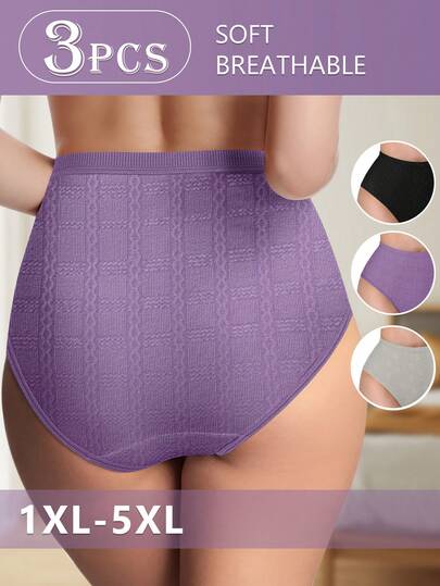 3 Pcs Pack Plus Size Women High Waist Briefs, Jacquard Design, Elegant, Soft, Breathable