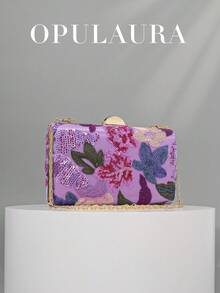 OpulAura Sequin Embroidered Floral Boxy Bag, Vintage Floral Purse, Women's Fashion Sequin Patchwork Clutch, Party & Evening Bag, Random Cutout, Suitable For Parties, Weddings, Galas - Perfect For Parties, Weddings, Galas, Pair With Holiday Party Dresses, Evening Gowns, And Sequined Attire, Sparkling Sequin Bags Ladies Elegant - Purple - View 2