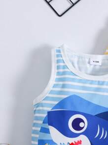 Set de 3 piezas de ropa de verano informal y cómoda para bebés niños, incluyendo chaleco sin mangas con gráficos de tiburón, cangrejo y tortuga, talla grande pantalones a rayas, adecuado para uso diario y exterior