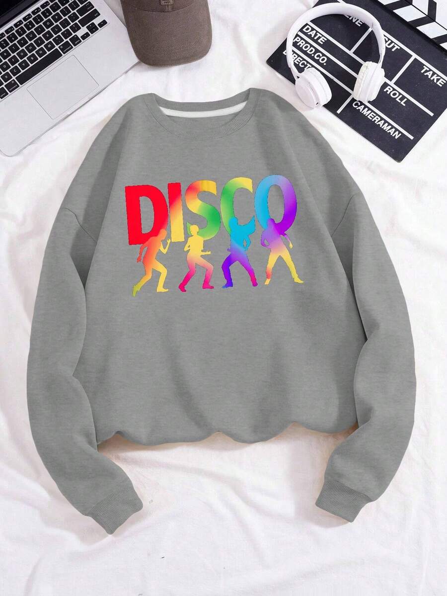 Sudaderas de moda para mujer con estampado de disco en degradado de colores del arcoíris - Gris Oscuro - Ver 1