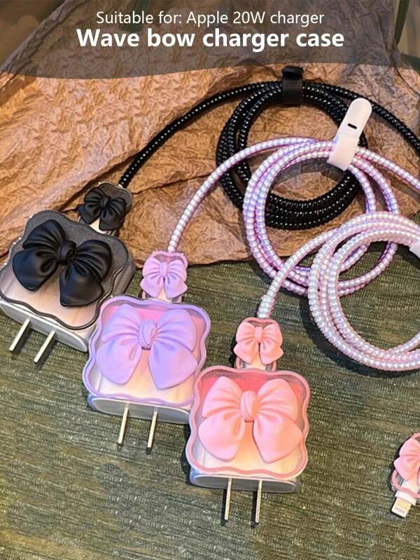5pcs 3D Bow Compatible With Apple 18/20W Charger Cable Protective Case, Anti-Breaking, Wave Bow Charger Protector