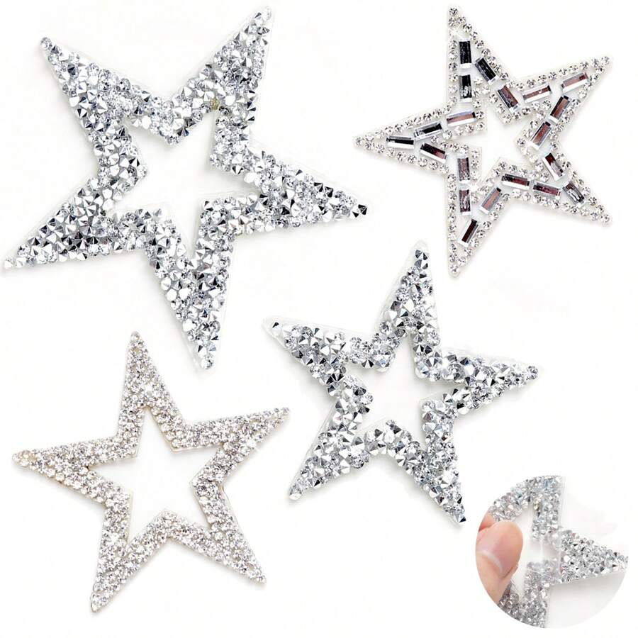 4pcs Hollow Star Rhinestones Patches, Shiny Crystal Sticker Appliques For Garment Repair, Jeans, Bags, Hats, DIY, Peel And Stick