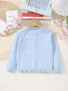 Baby Girls' Lightweight Hollow Floral Pattern Button Long Sleeve Knitted Cardigan - Baby Blue - View 6