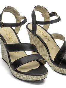 Zapatilla de moda para mujer tipo alpargata, cuña o de plataforma ancha, cómoda y con gran soporte, con elegante acabado en mate y con ajuste en el tobillo, ideales para uso diario para salidas casuales, para uso en interiores y exteriores, para salidas a la playa, salidas de campo, salidas en calor, ofreciendo un toque de estilo, confort  y glamour que resaltan la sofisticación en el calzado femenino. - Negro - Ver 4