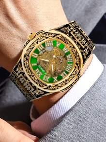 1 pièce Montre-bracelet mécanique avec cadran squelette en acier inoxydable pour homme, design lumineux vert, mode et