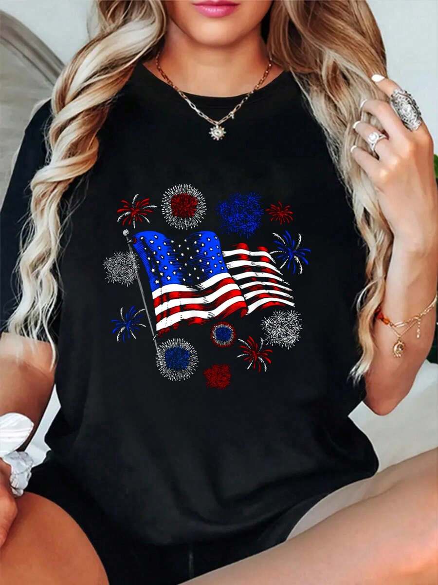 Fireworks 4th Of July American Patriotic Sparklers-Shirt Summer Outfits Women Shirts Women Graphic Tees Women - Black - View 1