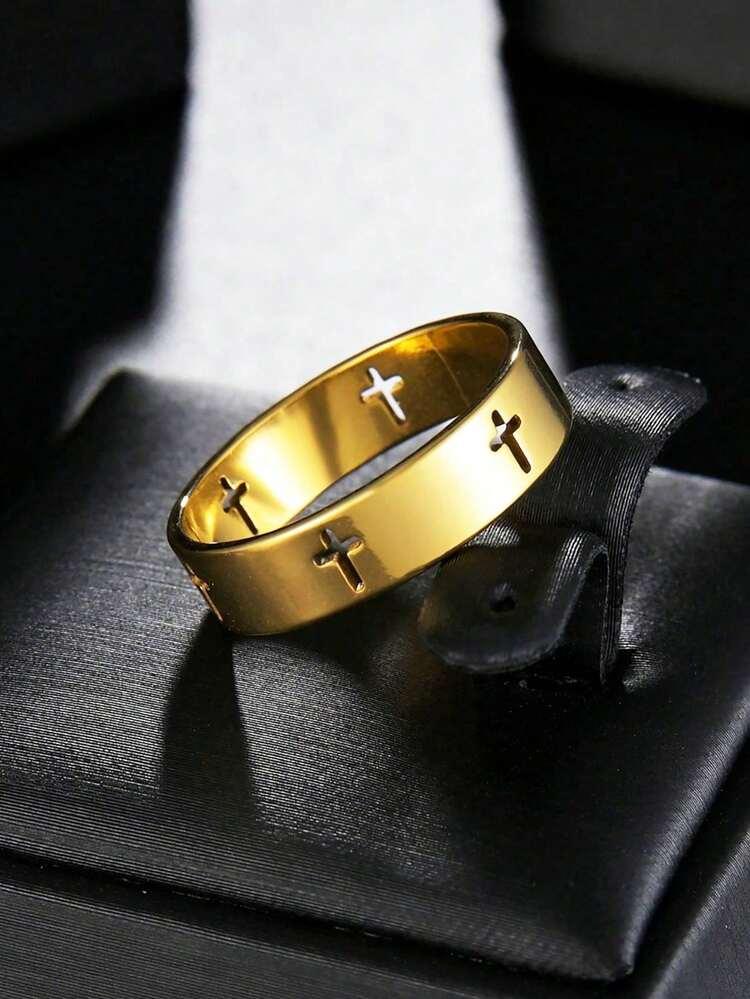 1 件简约不锈钢空心十字戒指，男女通用，适合节日和日常佩戴 - 交叉 - 查看 16