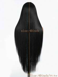 40英寸蕾丝前假发，1米黑色直发，13*4*1 T型蕾丝前假发，超长直发，预先拔毛的合成直发蕾丝前假发，女士款。价格实惠的假发，时尚接发，节日假发，圣诞节、平安夜及其他节日时尚假发。 - 黑色 - 查看 3