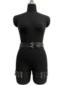 1件黑色PU皮革紧身带可调节身体装饰带性感塑身裤日常服装配饰 - 黑色 - 查看 6