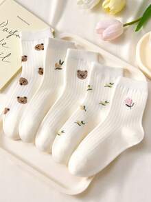 4 Pairs Women White And Pink Cute Bow & Floral Pattern Breathable Moisture-Wicking Comfortable Mid-Calf Socks, Suitable For Daily Wear And Outings, Random Delivery - View 5
