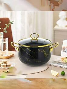 1pc Vintage Enamel Seafood Pot, Soup Pot, Stew Pot, Premium Enamel Soup Pot, Enamel Soup Pot, Marble Pattern Enamel Pot, Black & White Pattern Glass Lid Pot, Enamel Bowl, Suitable For Induction Cooktop & Gas Stove, Large Capacity Premium Household Soup Pot, Stew Pot, Milk Pot, Non-Stick For Induction Cooktop & Gas Stove