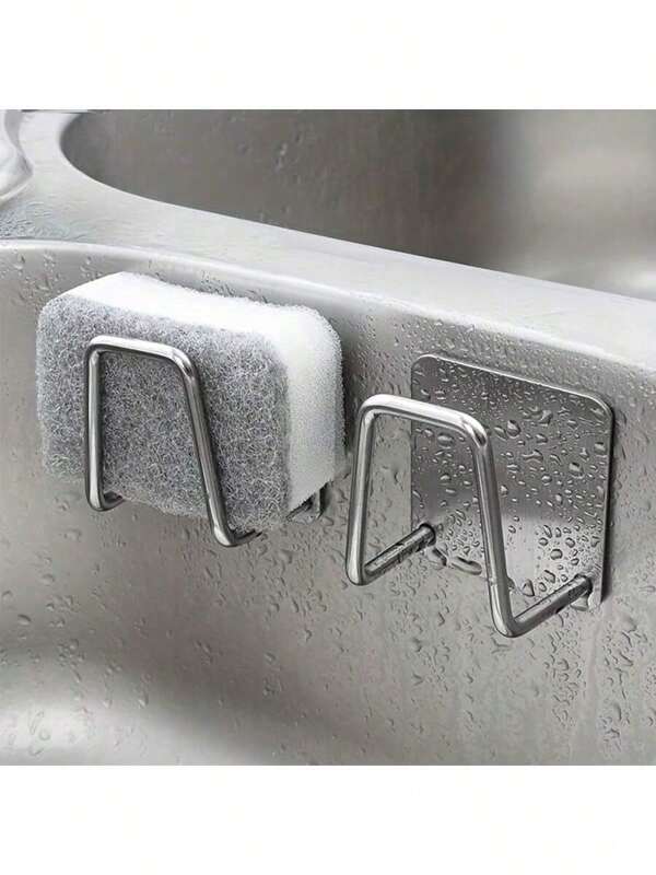 1 pièce Support d'éponge d'évier en acier inoxydable, support adhésif autoadhésif fort, égouttoir d'évier de cuisine, support crochet d'éponge de nettoyage, accessoire de salle de bain durable et