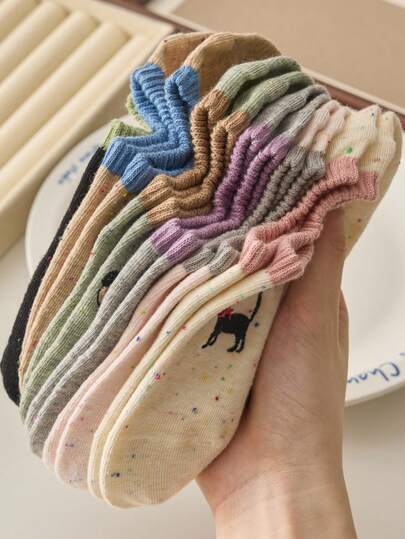 5 双女士短款卡通刺绣袜子，吸湿排汗，舒适隐形短袜，适合日常穿着，随机发货