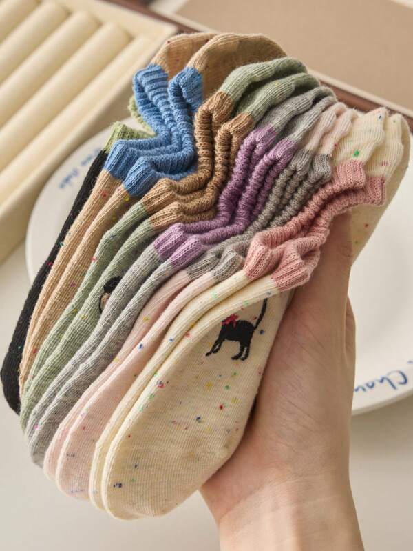 5 Pairs Women's Short Cartoon Embroidery Socks, Moisture Wicking, Comfortable Invisible Ankle Socks, For Daily Wear, Randomly Shipped
