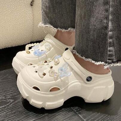 DIY Fashion Bow 2025 New Spring Thick Bottom Hollow Breathable Sandals, Women's Summer Outdoor Garden Shoes, Cute Cartoon EVA Beach Slippers For Party Occasions, All Seasons