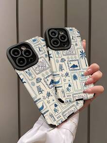 Blue Phone Case 1pc Blue Illustrated Coconut Tree Vertical Striped Classic Anti-Drop Soft Padded Phone Case Compatible With Apple 16/16 Plus/16 Pro/16 Pro Max & Waterproof Shockproof Scratch Resistant - Multicolor - View 4