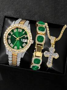 3 PIÈCES/SET Mode HIPHOP Luxe strass Bande d'Acier Calendrier Échelle Romaine Montre à Quartz Homme Avec Ensemble Bracelet strass. Collier Pendentif Croix Zircone Titane. Ensemble Cadeau Collier Bracelet Montre pour Soirées, Fêtes, Clubs Noctunes Décoration Bijoux Accessoires