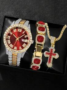 3 PIÈCES/SET Mode HIPHOP Luxe strass Bande d'Acier Calendrier Échelle Romaine Montre à Quartz Homme Avec Ensemble Bracelet strass. Collier Pendentif Croix Zircone Titane. Ensemble Cadeau Collier Bracelet Montre pour Soirées, Fêtes, Clubs Noctunes Décoration Bijoux Accessoires