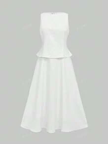 Elegant Linen Like Vintage Coin Long Midi Dress With Inset Waist, Relaxed Collar, Everyday Office Casual