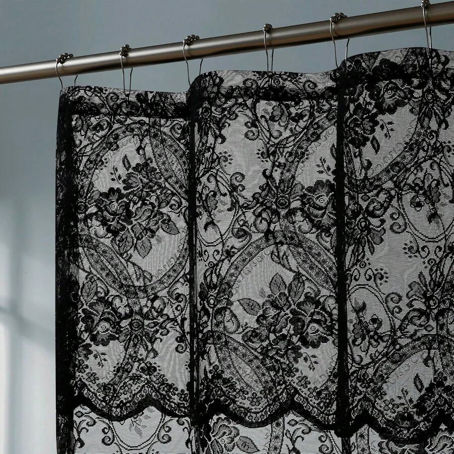 NOIR Gothic Vintage Shower Curtain With Valance For Goth Bathroom Decor - Hitam dengan valance hitam - View 1