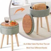 Storage Ottoman Foot Stool Teddy Velvet Round Vanity Stool Tray Top Footstool With Wood Upholstered Foot Rest Ottoman Living Room, Bathroom, Makeup (White) - 綠色 - 查看 3
