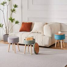 Storage Ottoman Foot Stool Teddy Velvet Round Vanity Stool Tray Top Footstool With Wood Upholstered Foot Rest Ottoman Living Room, Bathroom, Makeup (White) - 綠色 - 查看 8