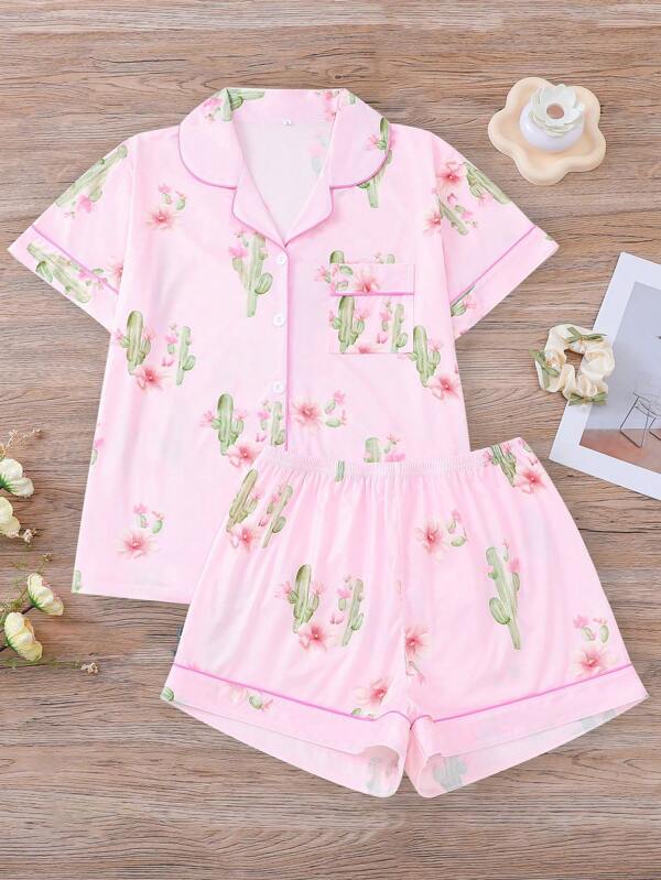 Set de pijamale, 2 bucăți, cu imprimeu cactus, cu mânecă scurtă, cu rever, cardigan, top și pantaloni scurți cu talie elastică, îmbrăcăminte de dormit ocazională și haine de relaxare pentru primăvara vară