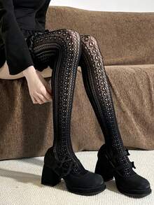 1双荷叶边纯色甜美过膝长袜，蕾丝边玛丽珍袜，适合春夏穿着，Y2K风格，舒适保暖 - 彩色 - 查看 7