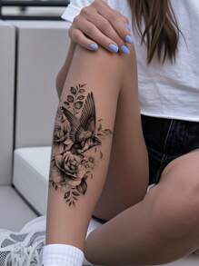 4 fogli di tatuaggi temporanei neri con disegni di uccelli, delfini, leoni e fiori, ideali per decorazione del corpo, trucco pazzo, campeggio, palestra, uso quotidiano su braccia, gambe, schiena, petto per uomini e donne