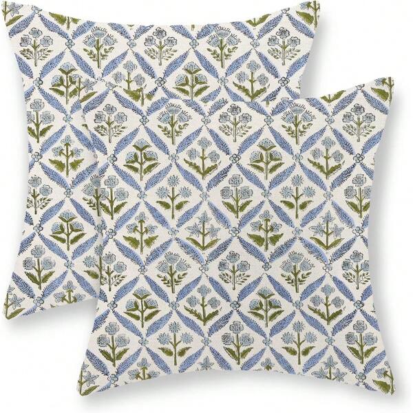 2PCS Teal Pillowcase Vintage Floral Decoration Sofa Pillowcase Floral Pillowcase Outdoor Decoration Sofa Pillow Farmhouse Sofa Cushion Cover, Single Sided Without Pillow Core